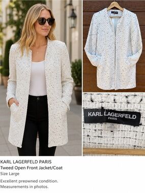 Karl Lagerfeld Paris Tweed Coat Jacket Lrg  Cream Bouclé Open Front Quiet Luxury